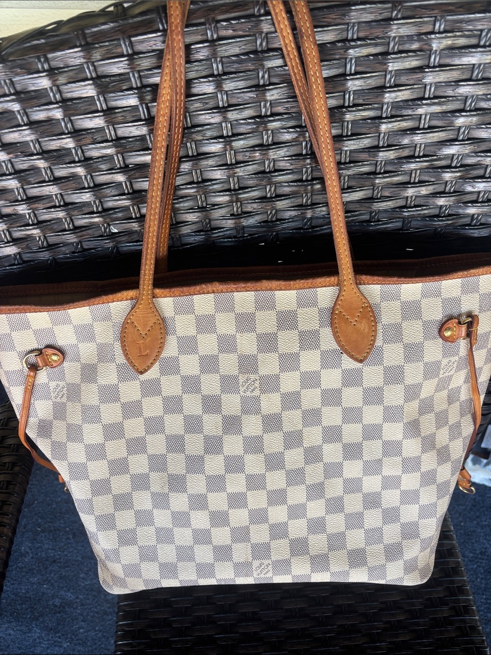 Louis Vuitton Damier Azur Canvas Tote with Brown Leather Trim